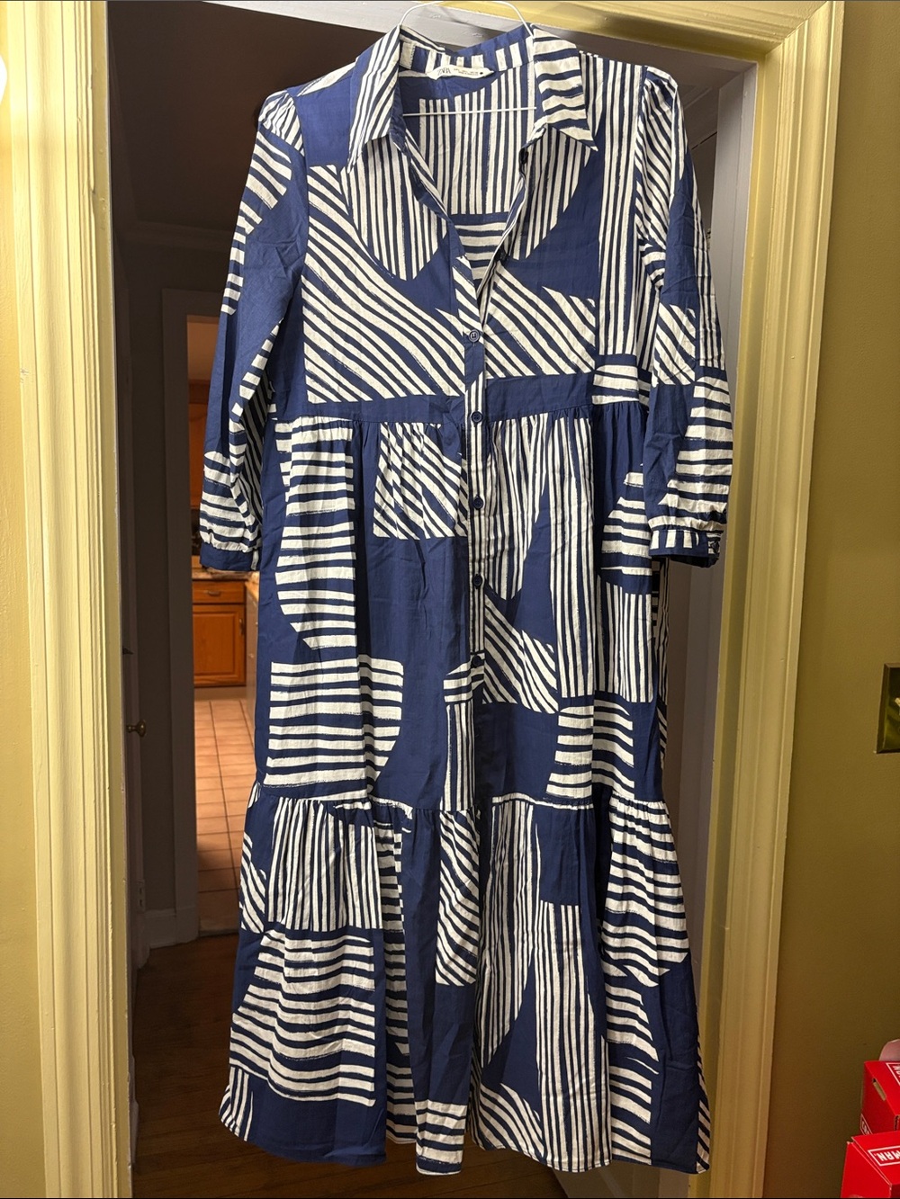 Zara Navy and White Striped Button-Front Tiered Maxi Dress